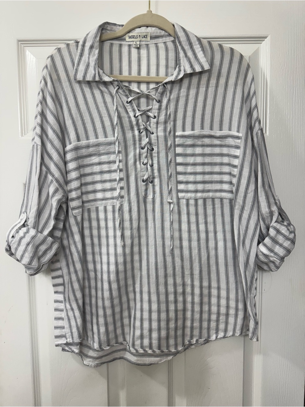 Lace-Up Striped Buttonless Shirt - Rails & Lake - White & Gray